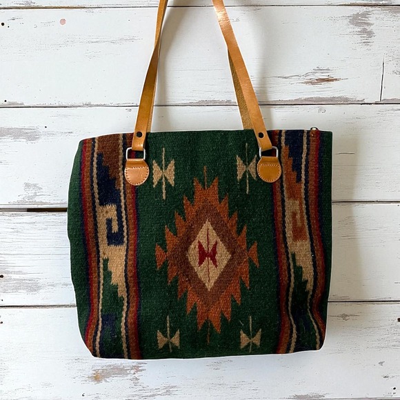 El Paso Saddleblanket Southwest Aztec Woven Wool Leather Straps Tote Bag - Picture 1 of 8